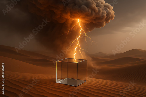 A lightning bolt strikes a transparent cube in a desolate desert landscape