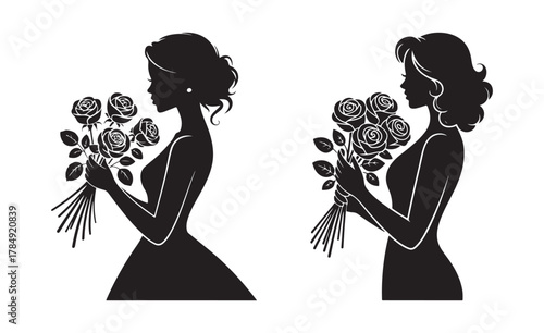 Romantic Lady with Roses Silhouette Art Icon Vector Eps 10