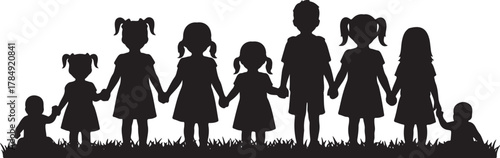 Kids Holding Hands on Grass Silhouette Vector – Group of Children in Row, Outdoor Friendship