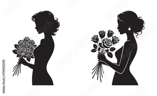 Elegant Woman Holding Rose Bouquet Silhouette. Vector Illustration Eps 10