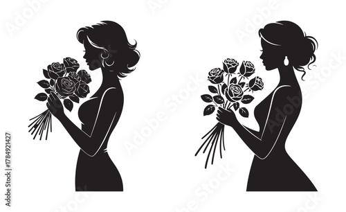 Elegant Woman Holding Rose Bouquet Silhouette. Vector Illustration Eps 10