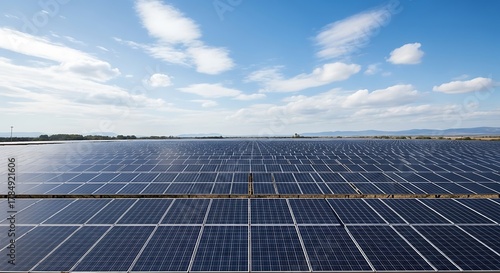 Solar panel field under a bright blue sky with fluffy white clouds