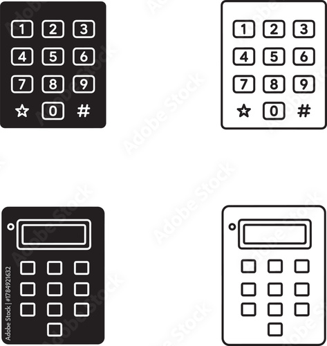 Set of digital keypad icons representing security access and communication devices in outline and solid silhouette styles