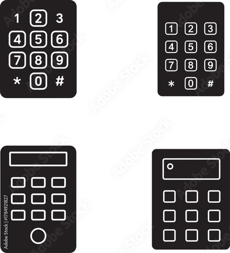 Four black icons representing different types of keypads and number pads