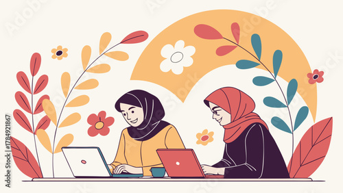 Arab Women Designers Working in Floral Office Vector Illustration