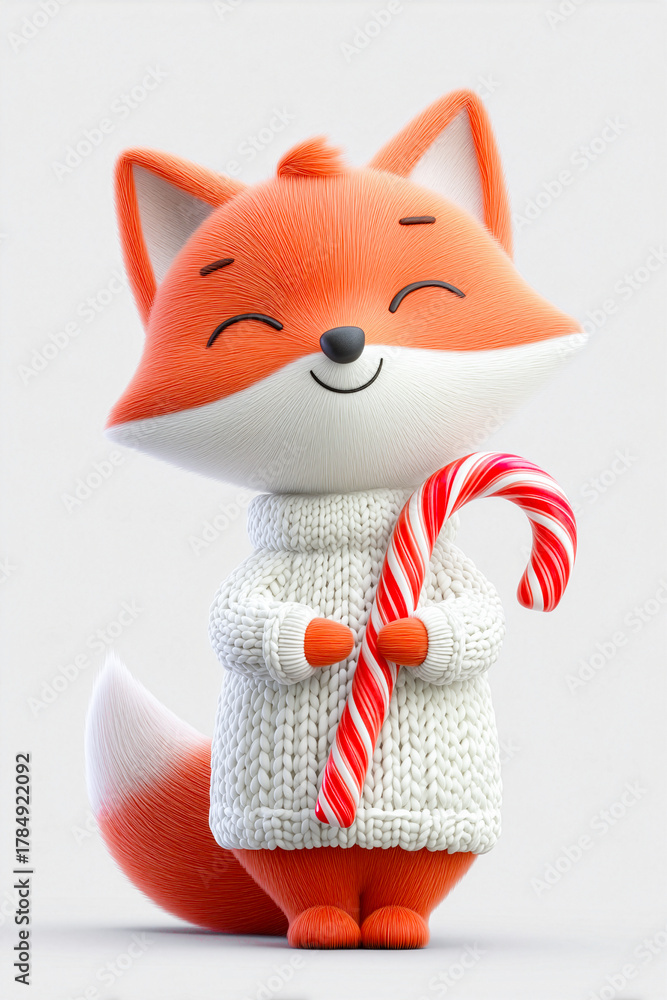 Naklejka premium Cute 3D fox in knitted sweater holding candy cane - cozy Christmas joy and kids greeting