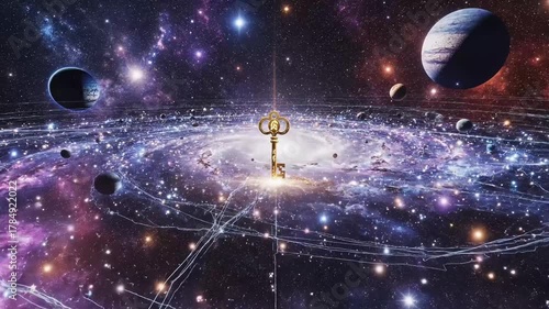 A radiant golden key illuminates the heart of a majestic spiral galaxy, symbolizing the unlockable secrets and profound mysteries of the vast cosmos