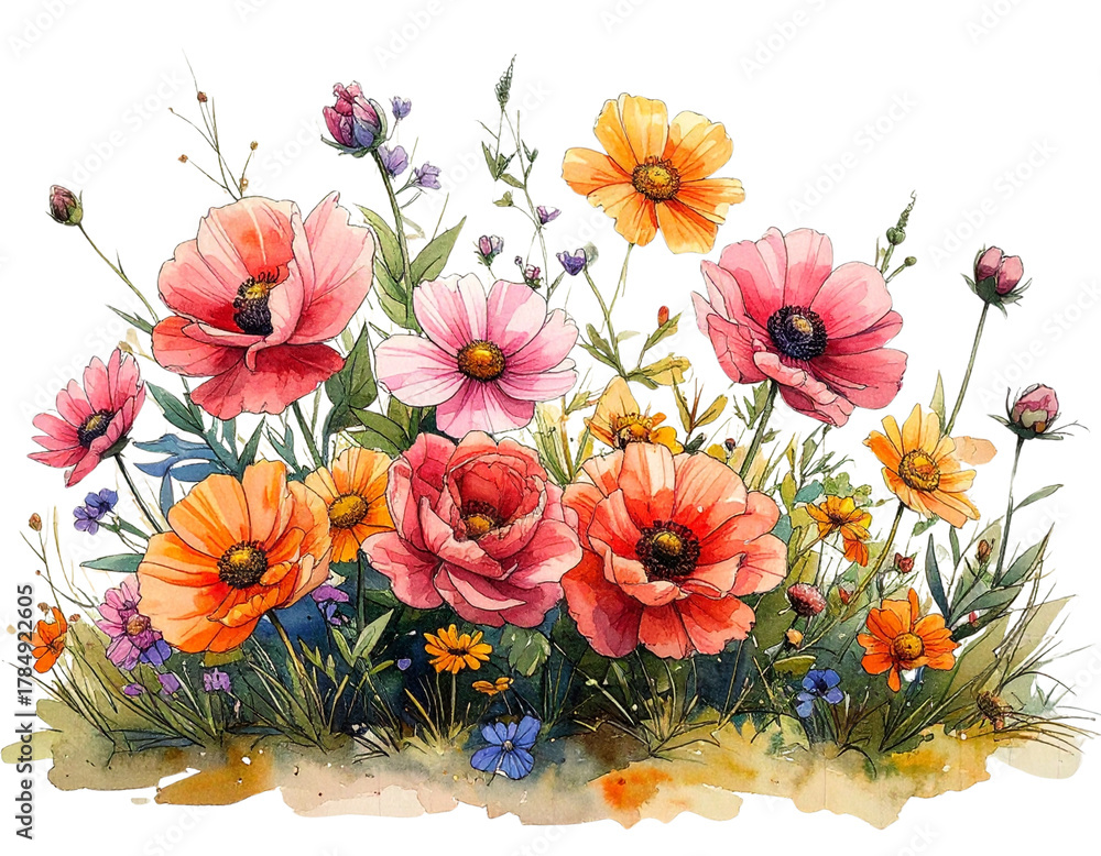 Obraz premium Vibrant Hand-Drawn Floral Bouquet with Watercolor Petals and Ink Outlines, Artistic PNG