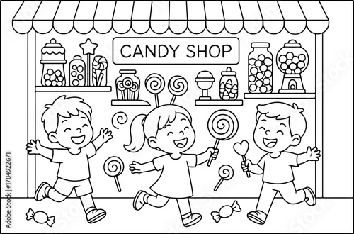 hand drawn vector doodle illustration of Candy Shop coloring page for kids line art