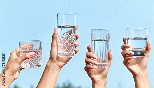 Hands holding clear glasses filled with water against blue background.