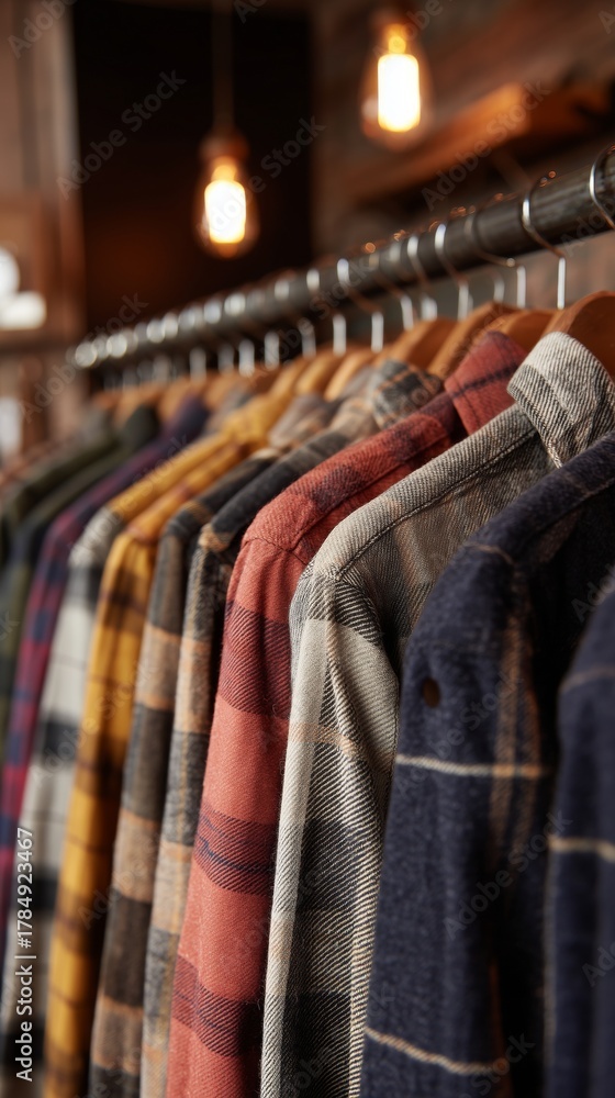 Obraz premium Casual Flannel Shirts Displayed in a Cozy Clothing Store During Evening Hours