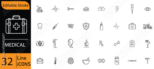 Collection of medical and healthcare line icons for digital and print use