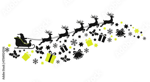 Santa's sleigh flying with reindeer silhouette, Christmas gifts and festive elements trail for magical holiday season designs and cheerful celebrations