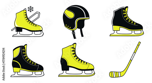 Get ready for winter with this fun hockey and ice skating illustration featuring skates, a helmet, and a hockey stick ready for family fun