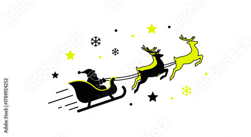 Magical Santa sleigh with reindeer soaring through starry night sky, spreading holiday cheer and festive spirit for Christmas celebrations