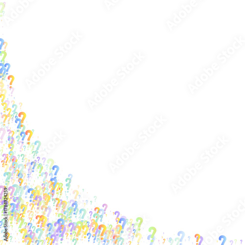 Question marks. Background for quiz, poll, survey, faq, interrogation, query. Multicolored template for opinion, public poll. Funny School vector illustration rainbow color on white background.