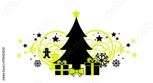 Festive Christmas tree adorned with gifts, stars, and snowflakes creating a vibrant holiday celebration scene