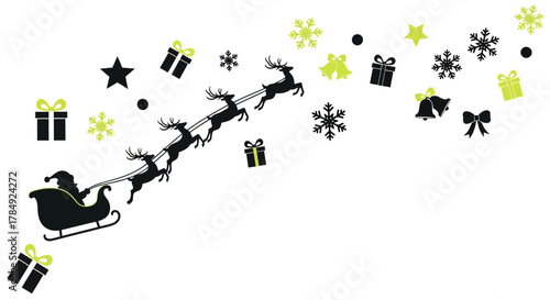Santa's sleigh with reindeer and gifts flies through a festive winter sky filled with snowflakes and stars