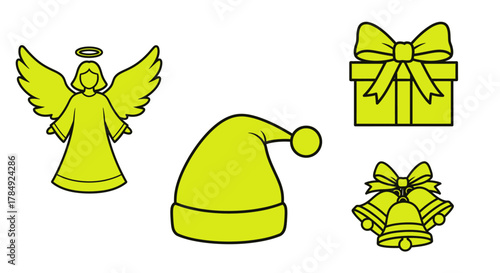 Charming collection of festive Christmas icons including an angel, Santa hat, gift box, and jingle bells for holiday design projects