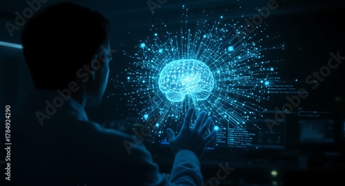 Illustration of glowing brain hologram surrounded by digital interface