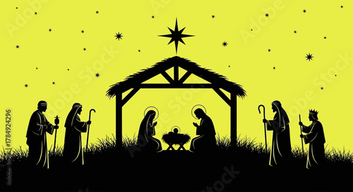 Serene Nativity scene silhouette with wise men, shepherds, and a guiding star under a starry night sky perfect for holiday celebrations.