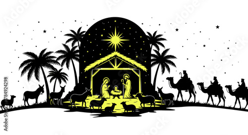 Celebrate the miraculous birth of Jesus with this stunning nativity scene featuring the Holy Family, wise men, and animals under a starry desert sky.