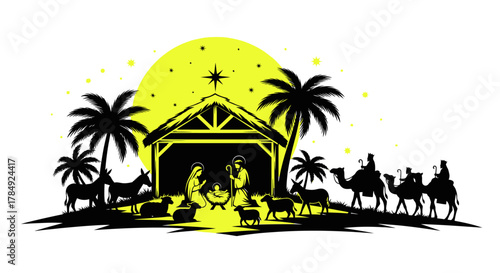 Serene Nativity scene with Holy Family, wise men on camels, donkeys, and sheep under a vibrant star and moonlit sky