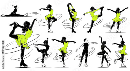 Dynamic figure skaters perform graceful routines, showcasing elegance and athletic prowess in vibrant poses and elegant movements