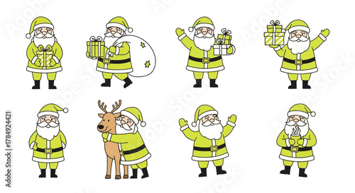 Delightful collection of festive Santas spreading holiday cheer with gifts and hugs, perfect for seasonal celebrations and promotions.