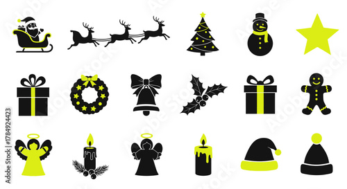 Joyful Christmas icons collection featuring Santa, reindeer, gifts, tree, snowman, angels, and festive decorations for holiday design