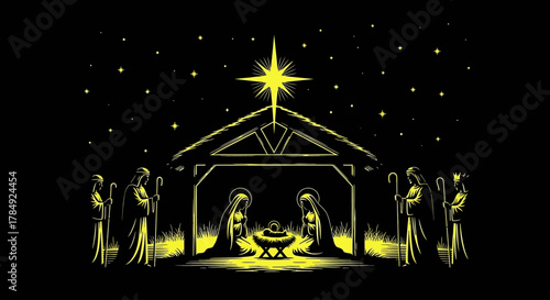 Stunning Nativity scene unfolds under a starry night sky with the guiding star illuminating the birth of Jesus, evoking peace and wonder.
