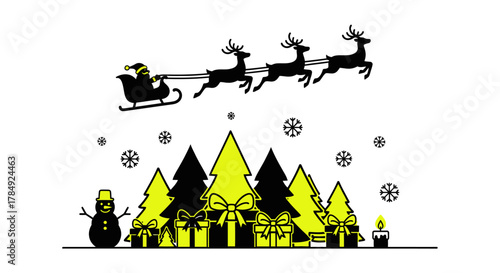 Santa's magical sleigh glides through snowy skies over a festive forest filled with gifts and a cheerful snowman