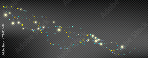 Cyan, Gold, Blue Stars Confetti. Shimmering Shiny particles. Scattered little sparkling, glitter light points. Stellar falling on black background. New Year Christmas background. Vector illustration.