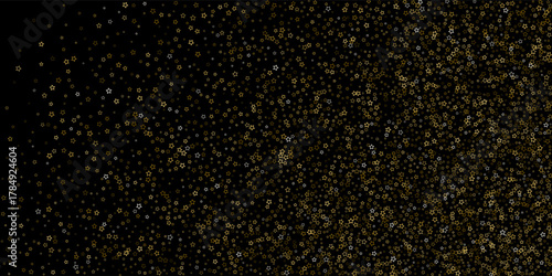 Gold Glitter Stars. Luxury Shiny Confetti. Scattered little sparkle. Flash glow silver element. Random magic tiny light. Stellar fall black background. New Year, Christmas Vector illustration.