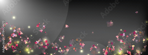 Heart love vector background. Valentine frame. Pink heart confetti. Scattered love symbols. Random falling heart shape on transparent black background. Beautiful Invitation Greeting Card Illustration.
