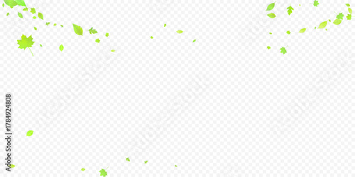 Leaves Falling. Spring Flying Foliage. Chaotic Green Leaf Flying On Transparent Background. Forest Design, Nature Elements. Ecology Vector Illustration. Environment Backdrop.