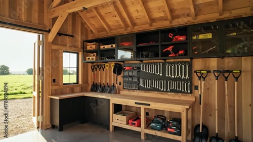 Organized workshop showcases a wallmounted tool organizer cabinets and workbench filled with various tools and equipment