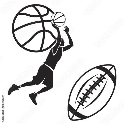 Silhouette of a basketball player dunking with football
