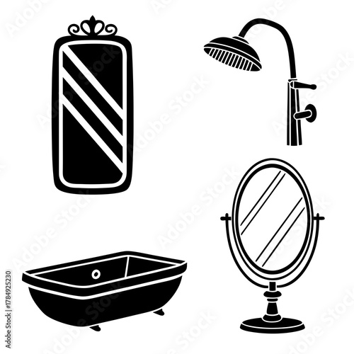 Bathroom interior with bathtub, shower, and mirrors