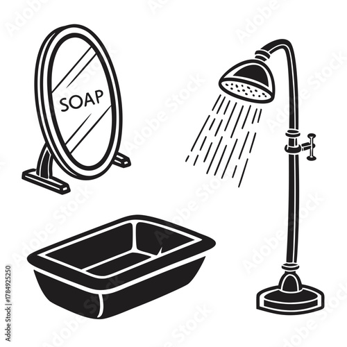 Bathroom interior with bathtub, shower, and mirror