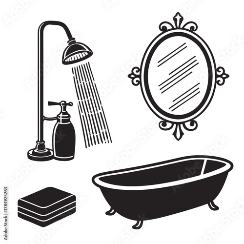 Bathroom interior with bathtub, shower and mirror