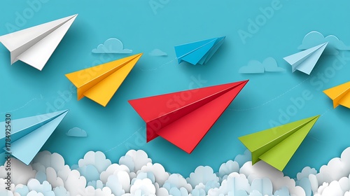 Colorful paper airplanes flying in a bright blue sky with fluffy white clouds, symbolizing travel, dreams, and imagination