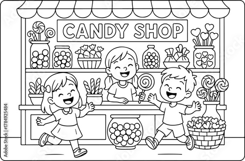 hand drawn vector doodle illustration of Candy Shop coloring page for kids line art