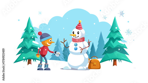 A snowman cartoon character assembling a robot in a snowy forest.