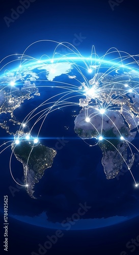 Global Network Connections: Earth with Light Trails and Bright Nodes