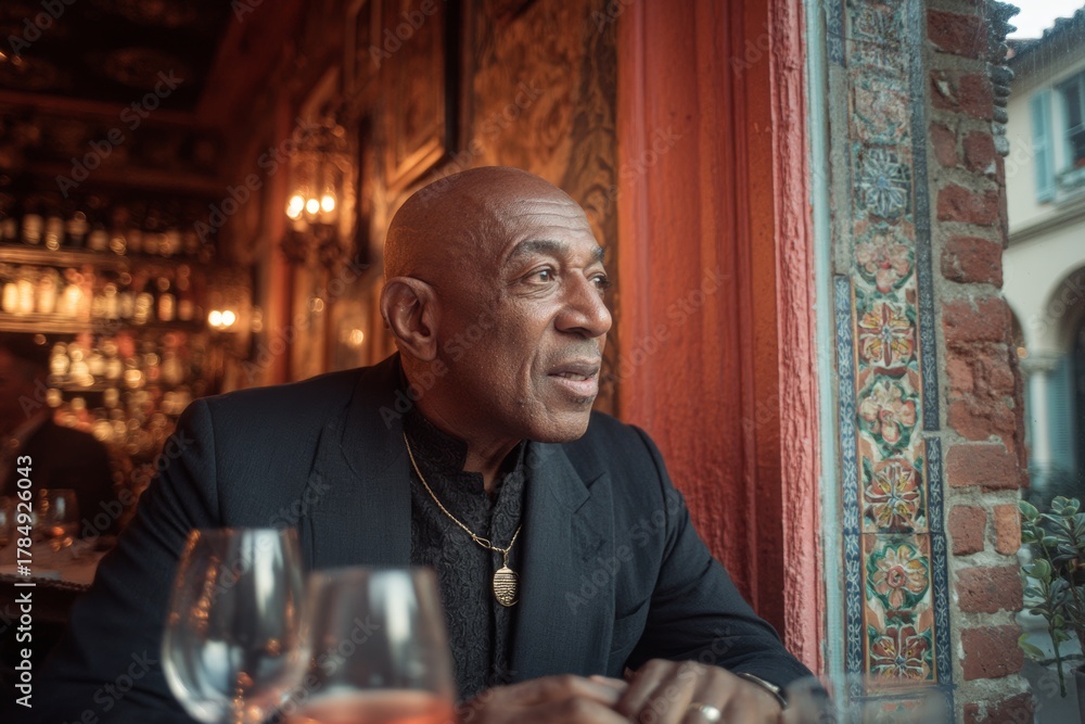 Naklejka premium man, wearing a suite talking passionately during an interview or conversation. A man is sitting at a table in a cozy and stylish restaurant. The man is clearly visible