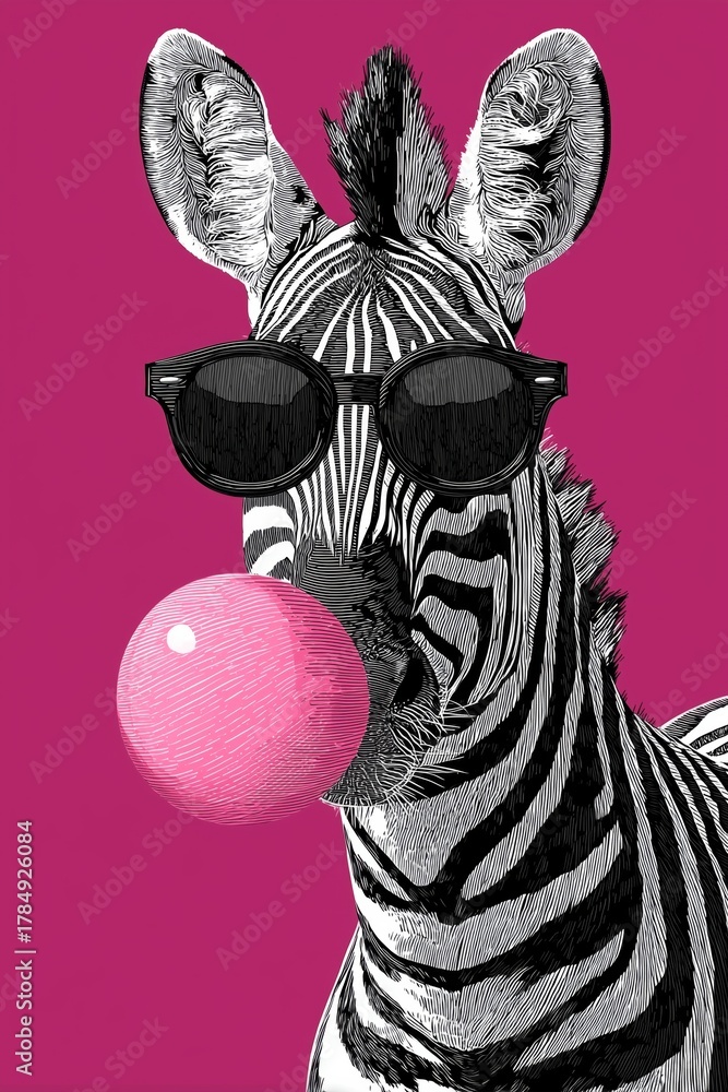 Obraz premium Stylish Zebra Blowing Bubble Gum on a Vibrant Pink Background in a Playful Artistic Setting