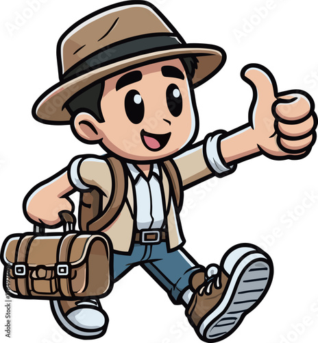 親指を立ててヒッチハイクする男性のイラスト