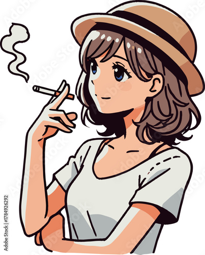 タバコを吸う帽子の女性のイラスト