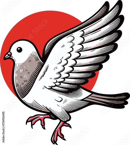 白い鳩と赤い太陽のイラスト